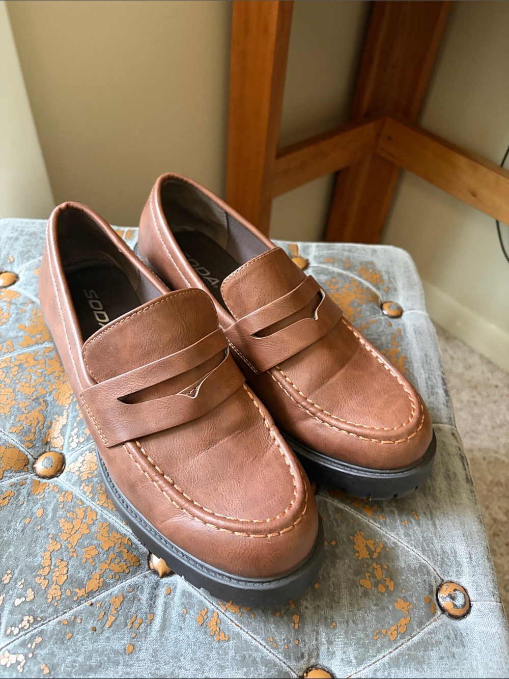 Soda Chestnut Brown Leather Slip-On Penny Loafers